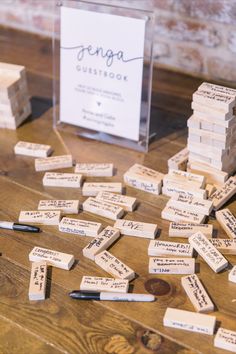 jenga guestbook Picture Table Wedding Photo Displays, Guest Wedding Activities, Jenga At Wedding, Wedding Guest Book Jenga, Nontraditional Wedding Guest Book, Jenga For Wedding, Guest Book Unique Ideas, Guest Book Ideas For Engagement Party, Jenga Wedding Ideas