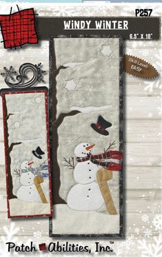 two snowmen are standing next to each other in front of a snowy background with the words windy winter on it