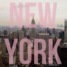 the new york city skyline is shown in pink and gray with text overlaying it