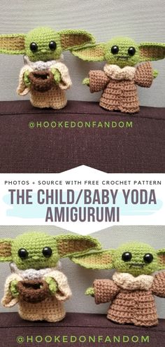 the child / baby yoda amigurm is crocheted in two different colors