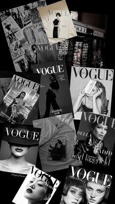 black and white photograph of magazine covers with woman's faces in the middle, all stacked on top of each other