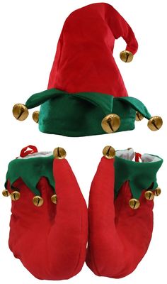 Unisex Adult Red and Green Elf Hat & Shoes Jingle Bells Holiday Costume Set Nicky Bigs Novelties Red/Green Jingle Bell Elf Hat and Elf Shoes. These are a nice feel and look. Made of 100% polyester. Gold Jingle Bells accent both the Hat and the Shoes. The hat has an opening of approximately 60 cm. The shoes are one size fits most approximately 11.5 men's shoe size without shoe and 10.5 men's shoe size with most tennis shoes. Hat is made to slide down and cover your ears or sit above them. It is n Jingle Bell Elf Pants Stocking Pattern, Themed Christmas Costume Accessories For Cosplay, Bugle Elf Hats, Womens Elf Shoes, Gnome Elf Shoe, Elf Shoes, Holiday Costumes, Elf Costume, Christmas Gathering