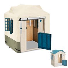 a toy house with its doors open and the inside walls painted beige, blue and green