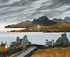 a painting of houses by the water with mountains in the background and clouds above them