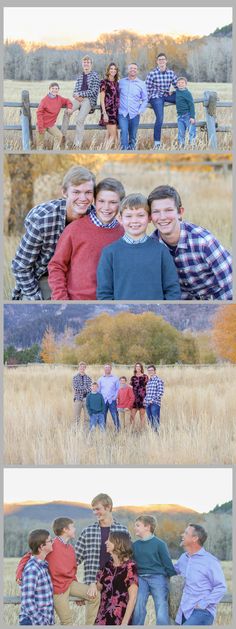 four different shots of people posing for pictures in the grass with their arms around each other