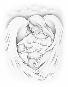 a drawing of a woman holding a baby in her arms