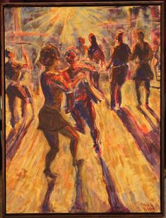 a painting of people dancing on a dance floor with sun shining through the window behind them