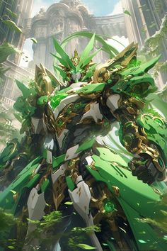 an animated image of a giant robot with green and gold armor standing in front of a tall building