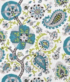 a blue and green paisley print fabric with flowers, birds and leaves on white background