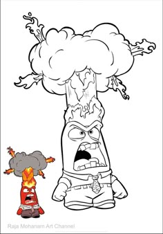 an angry bird and a cartoon character are in front of a large tree with flames