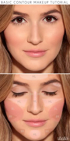 Start by applying a light foundation in the areas labeled “HL” to add highlights. Fill in the areas marked “BR” with a darker foundation (about 2 shades darker than your skin) to act as your bronzer. Finish off by applying blush in the area of the cheekbone marked “BL” and—voilà!—a perfect makeup look for any special occasion! Basic Contour, Make Up Mata, Obličejové Masky, Mermaid Beauty, How To Contour, Contour Tutorial, Mekap Mata, Contour Makeup Tutorial, Makeup Tip