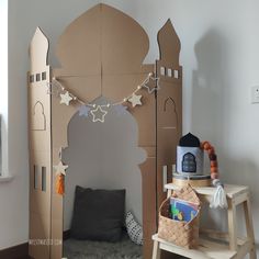 a cardboard castle made into a child's room