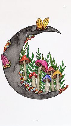 a drawing of mushrooms and butterflies on the moon