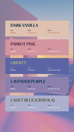 Colors:
DEC0AE
D4949D
5C63A4
8B7FAC
ACB0CC Application Color Palette, Powder Color Palette, 15 Color Palette, Colour Palette 4 Colours, 5 Color Pallete, Modern Pink Color Palette, Modern Pastel Color Palette