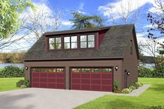 a two car garage with three windows on the top floor and one story above it