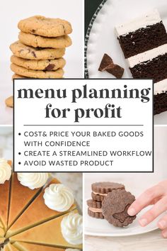 a collage of different desserts and pastries with the words menu planning for profits