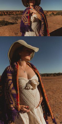 two pictures of a woman in a white dress and hat wearing a colorful shawl