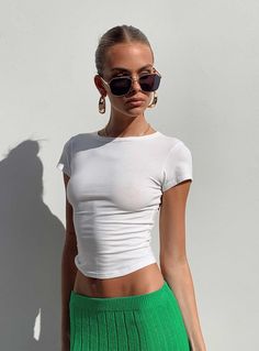 Top Slim fitting  Princess Polly Exclusive 50% cotton 45% polyester 5% elastane Cap sleeves Good stretch Unlined / sheer White Tops Aesthetic, White Top Aesthetic, Basic Top Outfit, White Basic Top, Basic Tops For Women, Sheer White Top, Italian Summer Outfits, White Top Women, Womens Knit Tops