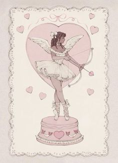 a drawing of a girl holding a bow and arrow on top of a pink cake