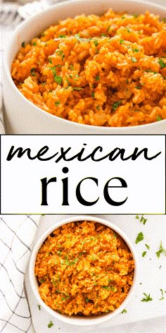 mexican rice in a white bowl with the words, mexican rice above it and below