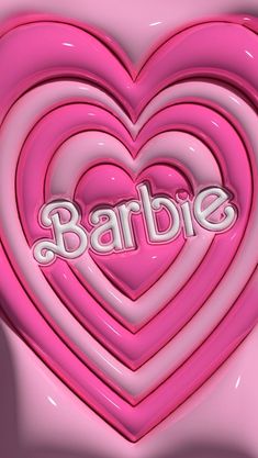 the word barbie written in white letters on a pink background with many heart shaped shapes