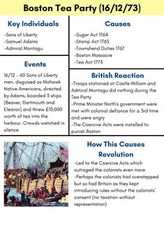 the boston tea party is on display in this info sheet, with information about each event