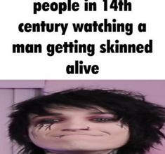 a poster with the caption that says people in 14th century watching a man getting skinnyed alive