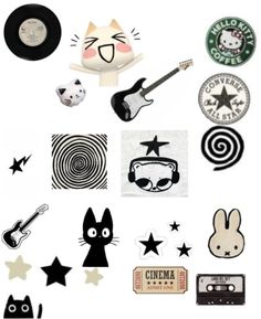 an assortment of stickers and decals on a white background with black and white images