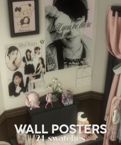 there is a wall with posters on it