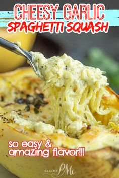 a spoonful of cheesy garlic spaghetti and amazing flavor is in the bowl