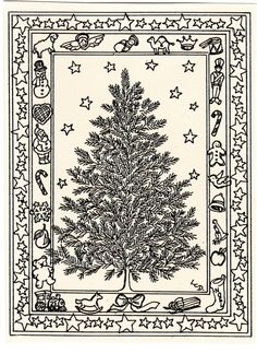 a black and white drawing of a christmas tree with stars on the border, surrounded by other holiday items