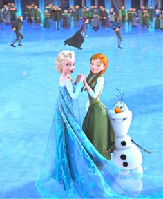 two frozen princesses standing next to each other in front of an ice skating rink