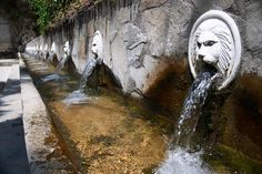 the water is running down the side of the stone wall and into the pool with lion heads on it