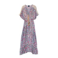 When it comes to boho-chic… we got you! Stunning printed maxi dress with lace detail on sleeves, sequined embroidery, a deep V-neck and tassels to make your Summer looks more fun. It is the perfect dress for a summer night 100% Viscose Dry Clean only Bohemian Beach Cover-up Dress With Lace Trim, Multicolor Sequined Maxi Dress, Spring Embroidered Beachwear Maxi Dress, Bohemian Maxi Kaftan With Floral Print, Bohemian Maxi Dress With Lace Trim, Bohemian Long Maxi Dress With Lace Trim, Sequin Maxi Beach Dress, Bohemian Floor-length Printed Dresses, Spring Maxi Kaftan With Tassels