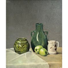 a painting of green vases and apples on a table