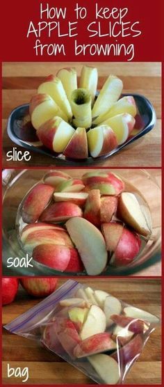 three pictures showing how to keep apples from browning