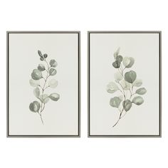 two framed art pieces with green leaves on white paper, one is grey and the other is gray