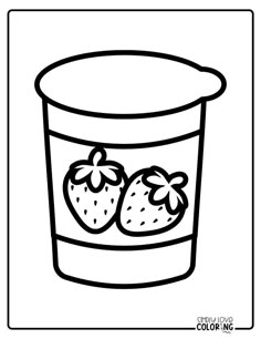 a coloring page with two strawberries in a cup