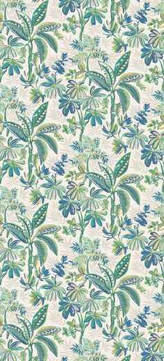 a blue and green floral wallpaper with lots of flowers on the bottom half of it