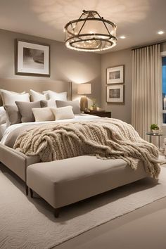 a bedroom with a large bed covered in white blankets and throw pillows on top of it