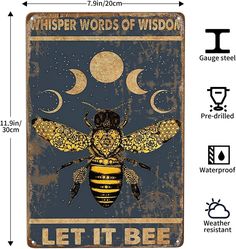 a metal sign with the words, let it be and a bee on it's back