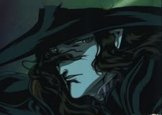 an image of a man with long hair wearing a black hat and cloak over his head