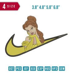 disney princess sitting on a yellow nike shoe machine embroidery design for clothing or applique