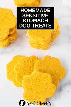 homemade yellow dog treats with text overlay that reads homemade, stomach dog treats