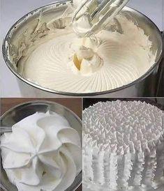 three pictures showing how to make whipped cream in a cake pan and then using a mixer