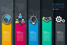 four colorful banners with different icons and symbols for info graphics, presentations or presentations