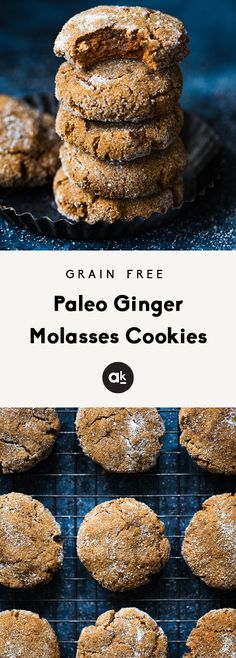 grain free palen ginger molasse cookies stacked on top of each other with the title