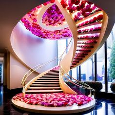 a spiral staircase with pink flowers on the bottom and red petals all over the top