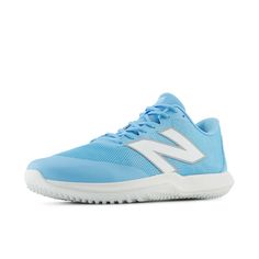 the new balance tennis shoe is light blue with white trim and an upper lace on the outs