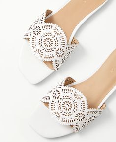 Eyelet Perforated Leather Slide Sandals | Ann Taylor Shoe Makeover, Shoes Drawing, Flats Sandals, White Shoes Women, Leather Slide Sandals, How To Make Shoes, Perforated Leather, Leather Slides